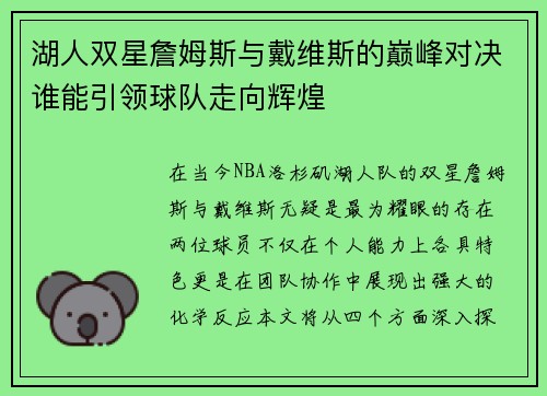 湖人双星詹姆斯与戴维斯的巅峰对决谁能引领球队走向辉煌